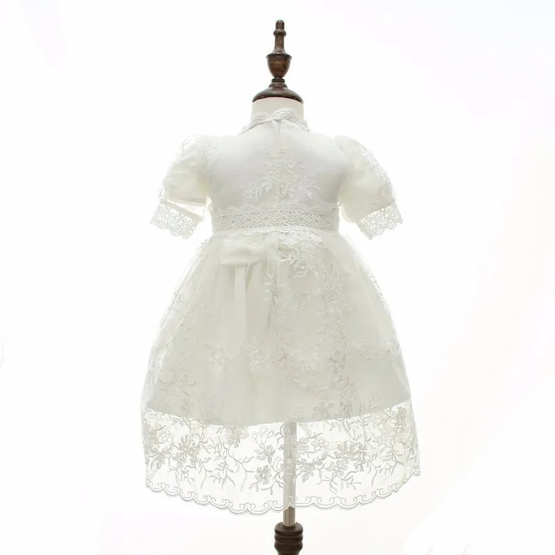 Baby Baptism Gown for Girls with Long Sleeves, Lace Details and Cotton Lining, Dress and Cap Set for Christening and First Birthday Photos