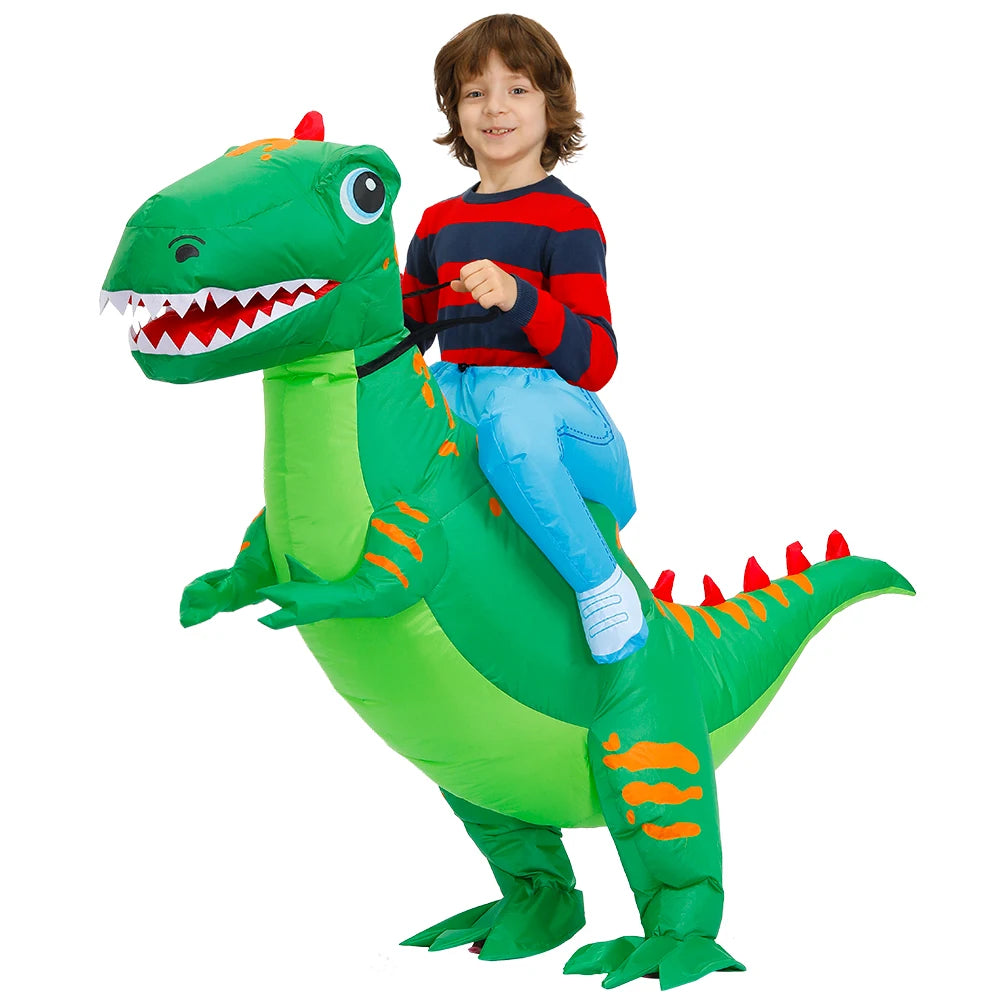 Inflatable Dinosaur Costume for Kids, Ride-On Style Dress-Up Outfit with Fan for Halloween, Birthday Parties and Holiday Cosplay