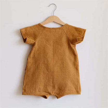 Baby Wrap Romper in Linen Cotton with Short Sleeves and Side Ties, V-Neck Summer One-Piece Outfit for Boys and Girls in Four Color Options