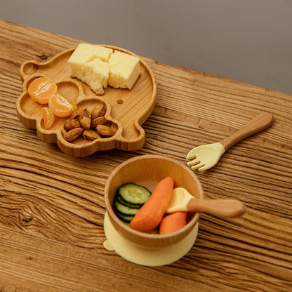 Baby Bamboo Suction Plate Set with Wooden-Handle Spoon and Fork, 3-Piece Cartoon Dinnerware with Divided Elephant Design for Toddler Meals