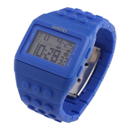 Colorful Link Digital Watch, Kids Block-Inspired Wristwatch with LED Backlight, Adjustable Plastic Band, Alarm, Calendar and Stopwatch for Daily Wear