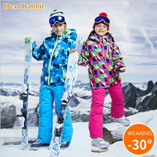 Kids Ski Jacket and Snow Pants Set with Geometric Print Hooded Coat, Two-Piece Winter Outfit for Boys and Girls in Sizes 5-6T to 15-16T