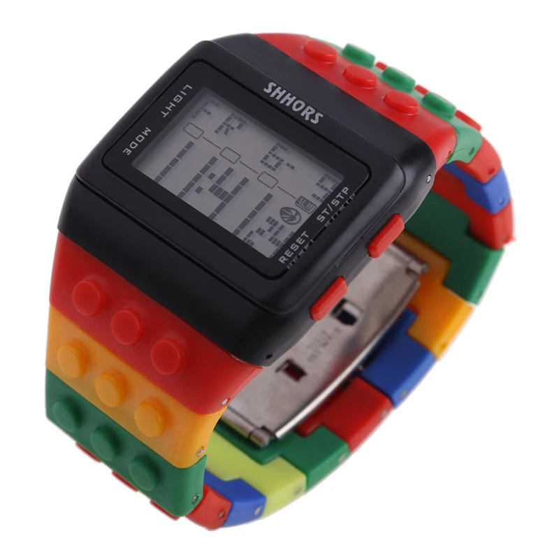 Colorful Link Digital Watch, Kids Block-Inspired Wristwatch with LED Backlight, Adjustable Plastic Band, Alarm, Calendar and Stopwatch for Daily Wear