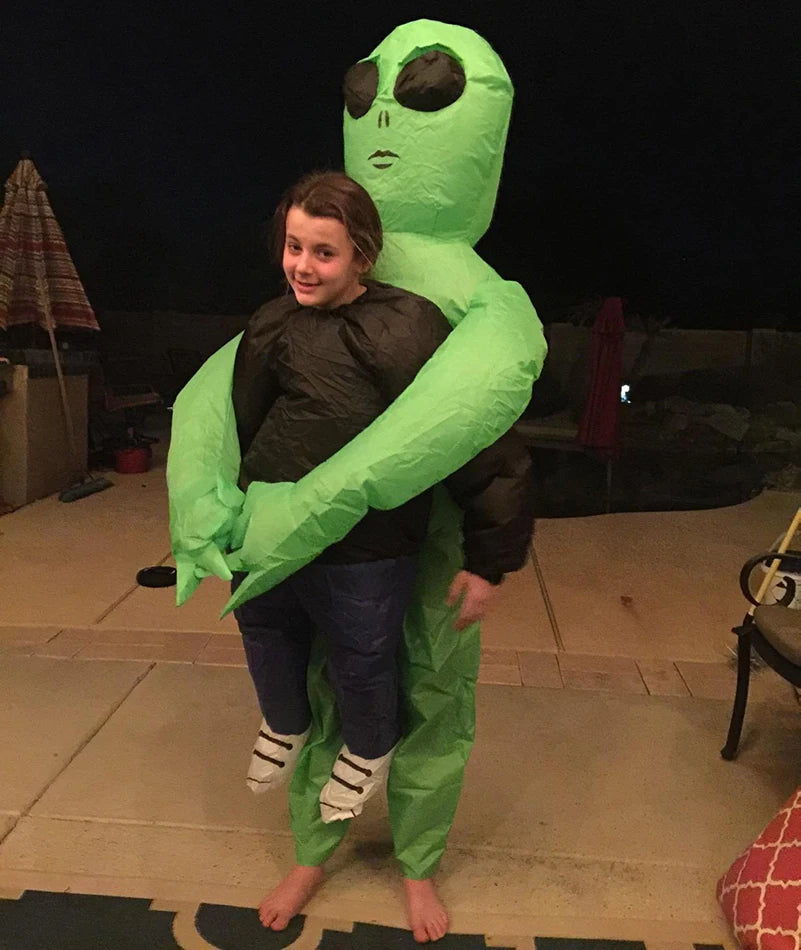 Alien Piggyback Inflatable Costume for Adults and Kids, Green Carrying Illusion Suit with Fan for Halloween, Cosplay and Stage Parties