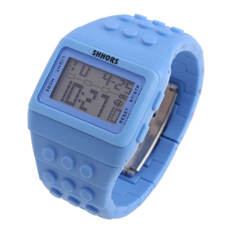 Colorful Link Digital Watch, Kids Block-Inspired Wristwatch with LED Backlight, Adjustable Plastic Band, Alarm, Calendar and Stopwatch for Daily Wear