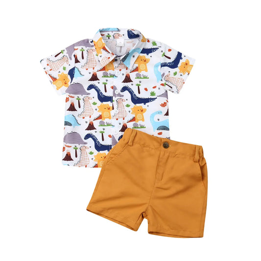Dinosaur Shirt and Shorts Set for Toddler Boys, Cotton Blend Short Sleeve Button-Front Collared Top with Mustard Yellow Shorts, Sizes 2T–6T