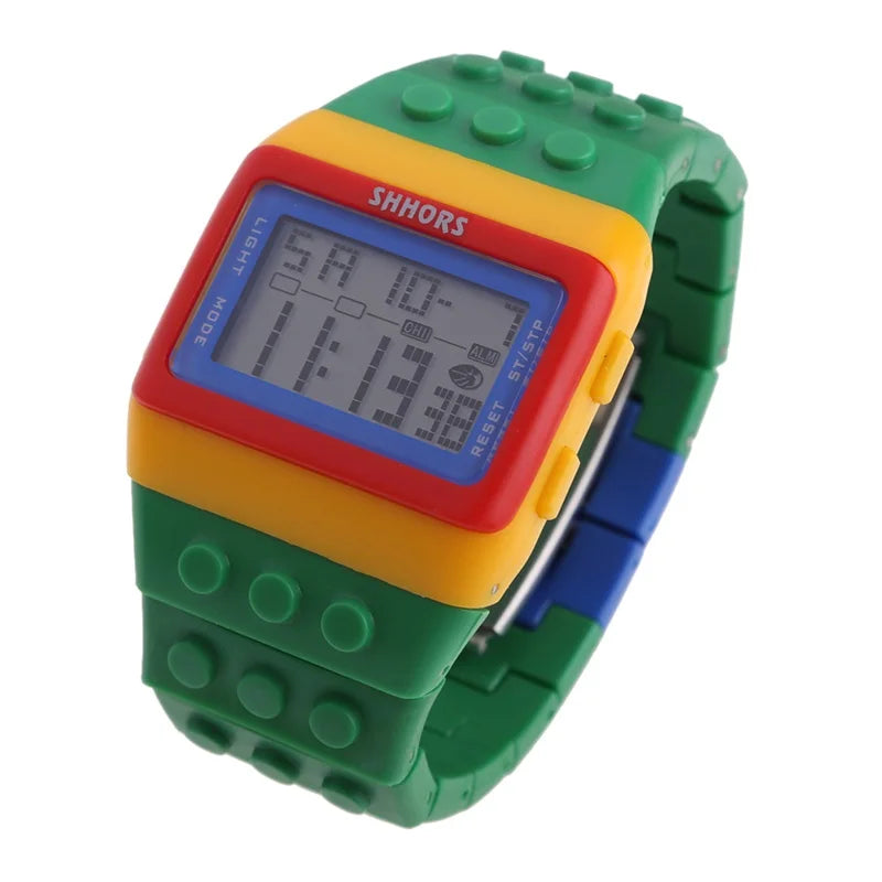 Colorful Link Digital Watch, Kids Block-Inspired Wristwatch with LED Backlight, Adjustable Plastic Band, Alarm, Calendar and Stopwatch for Daily Wear