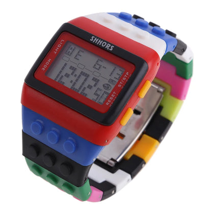 Colorful Link Digital Watch, Kids Block-Inspired Wristwatch with LED Backlight, Adjustable Plastic Band, Alarm, Calendar and Stopwatch for Daily Wear