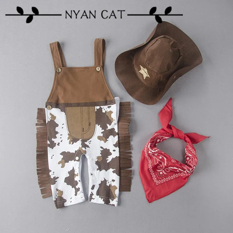 Cow Print Baby Cowboy Costume with Fringe Romper, Sheriff Hat and Red Bandana, Western Birthday Dress-Up Outfit with Sock Options