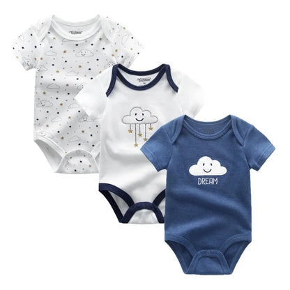 Cotton Infant Bodysuit Trio with Short Sleeves, Printed and Solid Baby One-Piece Outfits with Bottom Snaps for Boys and Girls, 3M-12M
