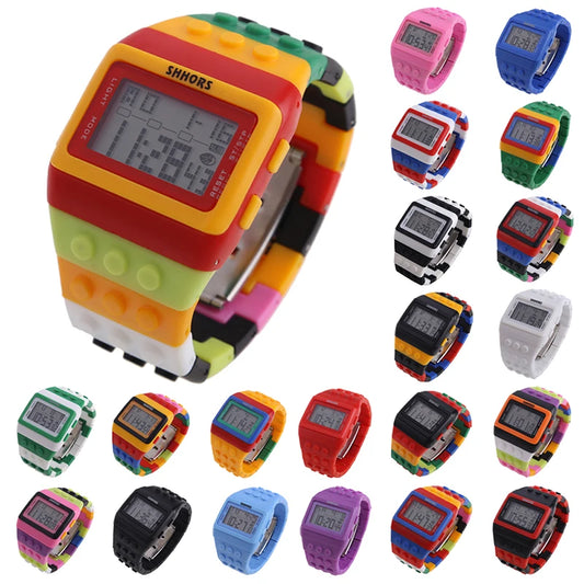 Colorful Link Digital Watch, Kids Block-Inspired Wristwatch with LED Backlight, Adjustable Plastic Band, Alarm, Calendar and Stopwatch for Daily Wear