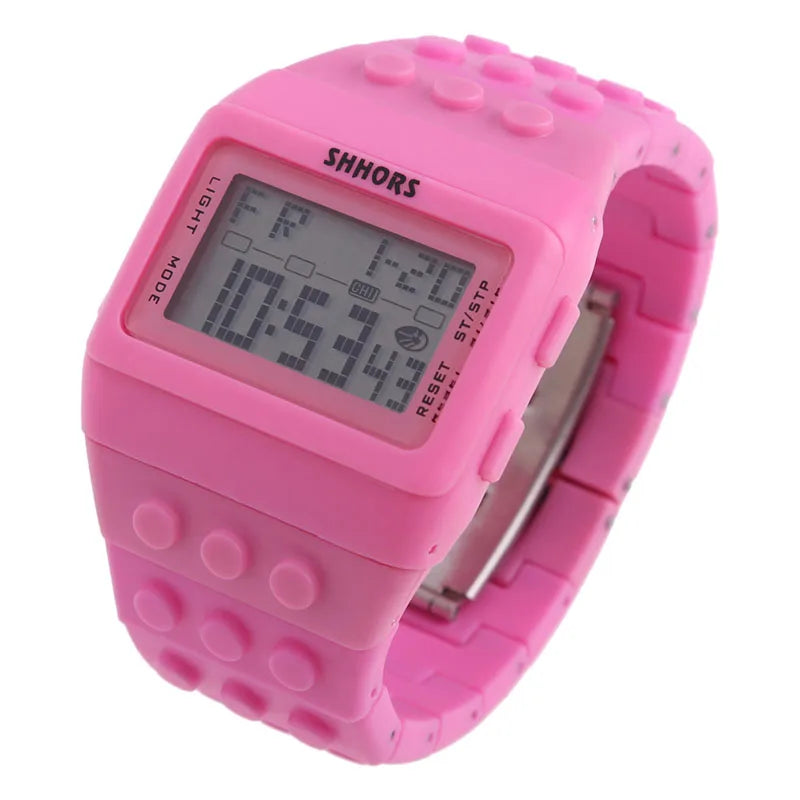 Colorful Link Digital Watch, Kids Block-Inspired Wristwatch with LED Backlight, Adjustable Plastic Band, Alarm, Calendar and Stopwatch for Daily Wear