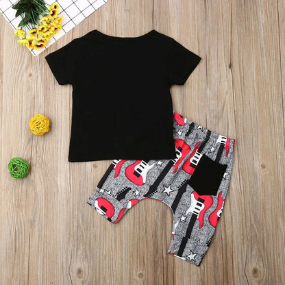 Toddler Guitar Print Outfit Set with Black Graphic T-Shirt and Matching Cropped Pants, Cotton Blend Summer Clothes for Boys and Girls, 18M-4T