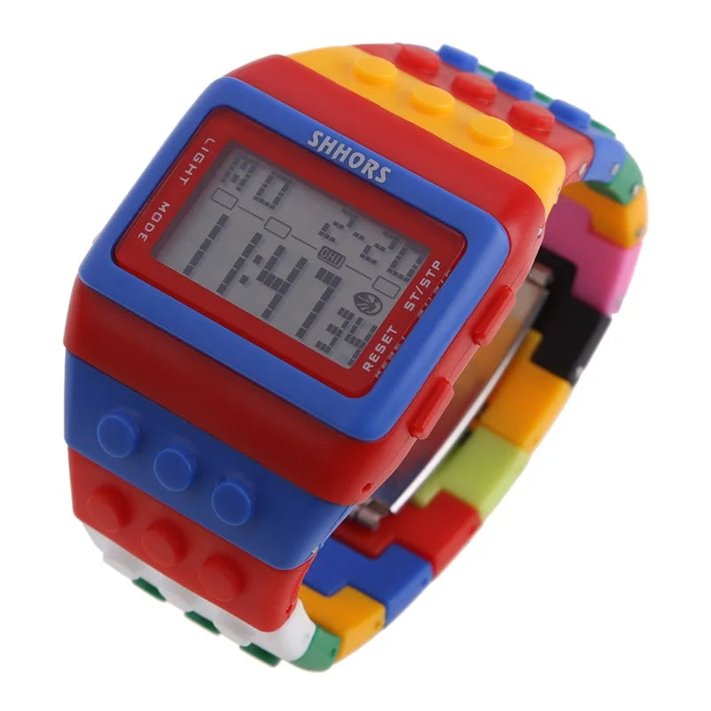 Colorful Link Digital Watch, Kids Block-Inspired Wristwatch with LED Backlight, Adjustable Plastic Band, Alarm, Calendar and Stopwatch for Daily Wear