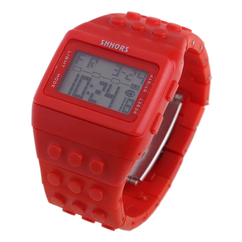 Colorful Link Digital Watch, Kids Block-Inspired Wristwatch with LED Backlight, Adjustable Plastic Band, Alarm, Calendar and Stopwatch for Daily Wear