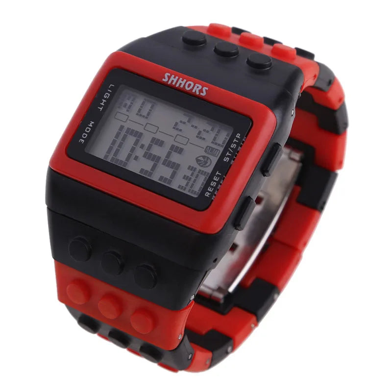 Colorful Link Digital Watch, Kids Block-Inspired Wristwatch with LED Backlight, Adjustable Plastic Band, Alarm, Calendar and Stopwatch for Daily Wear