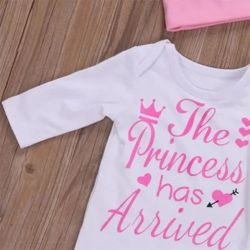 Baby Girl Princess Outfit Set, 4-Piece Cotton Long Sleeve Bodysuit with Heart and Arrow Pants, Matching Hat and Bow Headband