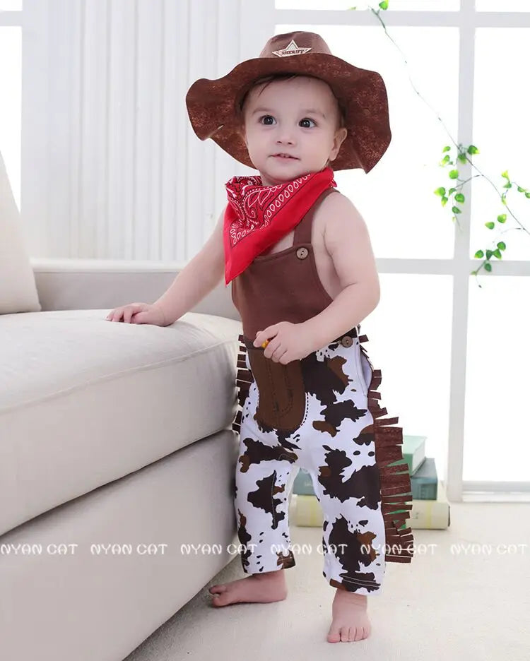 Cow Print Baby Cowboy Costume with Fringe Romper, Sheriff Hat and Red Bandana, Western Birthday Dress-Up Outfit with Sock Options