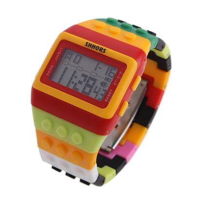 Colorful Link Digital Watch, Kids Block-Inspired Wristwatch with LED Backlight, Adjustable Plastic Band, Alarm, Calendar and Stopwatch for Daily Wear