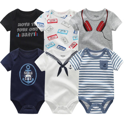 Baby Cotton Bodysuit Set, 6-Piece Short Sleeve Outfits with Envelope Shoulders and Snap Crotch for Boys and Girls, Sizes 3M-12M