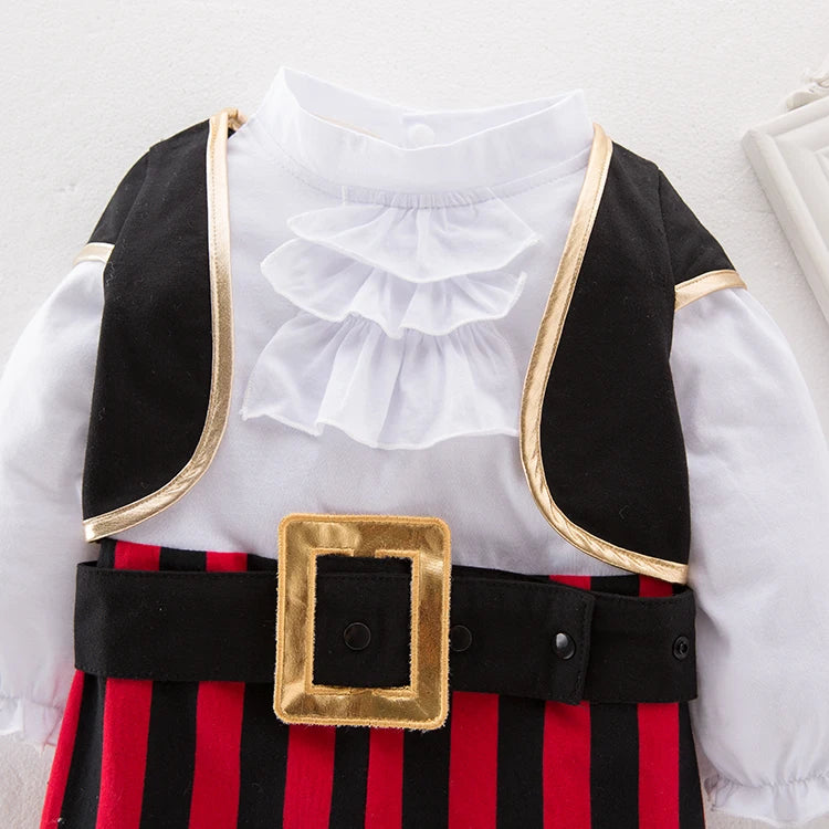 Infant Pirate Romper Costume Set with Vest, Head Scarf and Belt, Cotton Blend Red Stripe Outfit for Baby and Toddler Halloween Parties
