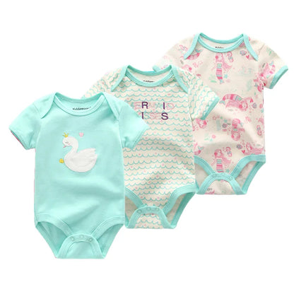 Cotton Infant Bodysuit Trio with Short Sleeves, Printed and Solid Baby One-Piece Outfits with Bottom Snaps for Boys and Girls, 3M-12M