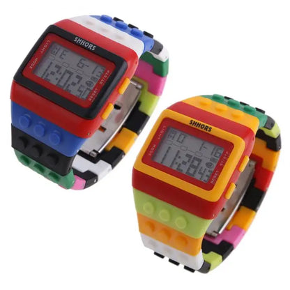 Colorful Link Digital Watch, Kids Block-Inspired Wristwatch with LED Backlight, Adjustable Plastic Band, Alarm, Calendar and Stopwatch for Daily Wear