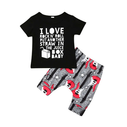 Toddler Guitar Print Outfit Set with Black Graphic T-Shirt and Matching Cropped Pants, Cotton Blend Summer Clothes for Boys and Girls, 18M-4T