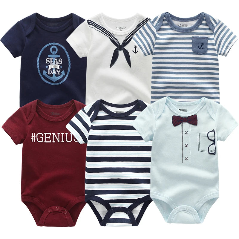 Baby Cotton Bodysuit Set, 6-Piece Short Sleeve Outfits with Envelope Shoulders and Snap Crotch for Boys and Girls, Sizes 3M-12M