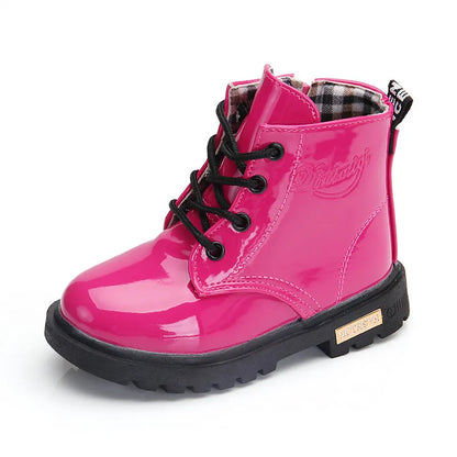 Lace-Up Kids Ankle Boots in PU Leather, Side-Zip Casual Shoes for Boys and Girls with Plush-Lined Options, Five Colors and Sizes 21-36