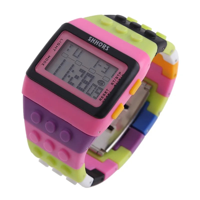 Colorful Link Digital Watch, Kids Block-Inspired Wristwatch with LED Backlight, Adjustable Plastic Band, Alarm, Calendar and Stopwatch for Daily Wear