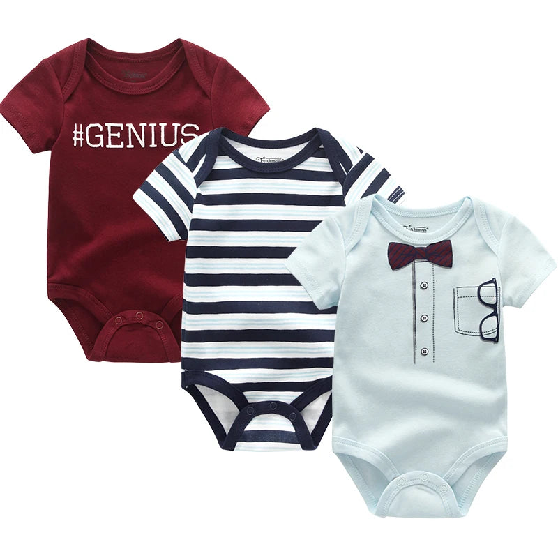 Cotton Infant Bodysuit Trio with Short Sleeves, Printed and Solid Baby One-Piece Outfits with Bottom Snaps for Boys and Girls, 3M-12M