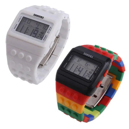 Colorful Link Digital Watch, Kids Block-Inspired Wristwatch with LED Backlight, Adjustable Plastic Band, Alarm, Calendar and Stopwatch for Daily Wear
