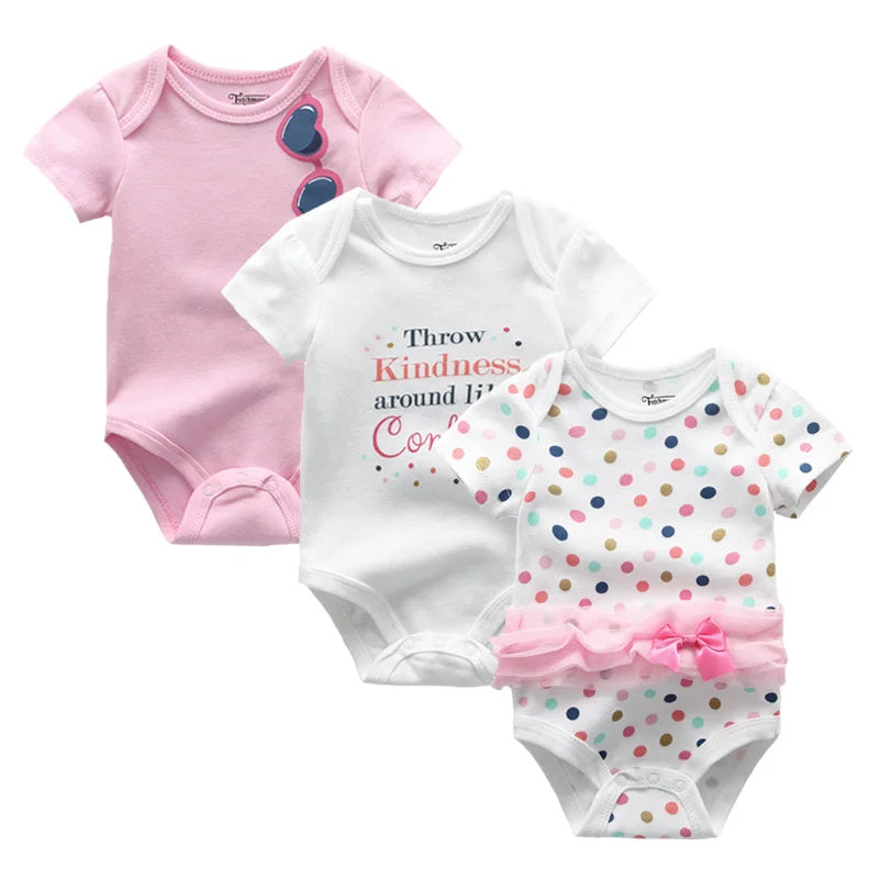 Cotton Infant Bodysuit Trio with Short Sleeves, Printed and Solid Baby One-Piece Outfits with Bottom Snaps for Boys and Girls, 3M-12M