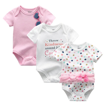 Cotton Infant Bodysuit Trio with Short Sleeves, Printed and Solid Baby One-Piece Outfits with Bottom Snaps for Boys and Girls, 3M-12M