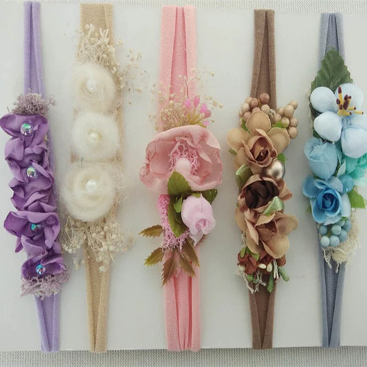 Floral Newborn Photography Headband, Handmade Flower Tieback with Stretch Fabric Band for Rustic Baby Portrait Sessions and Photo Props