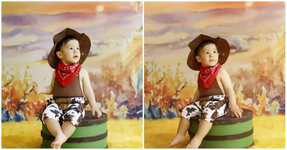 Cow Print Baby Cowboy Costume with Fringe Romper, Sheriff Hat and Red Bandana, Western Birthday Dress-Up Outfit with Sock Options