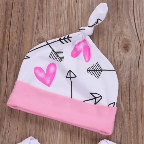Baby Girl Princess Outfit Set, 4-Piece Cotton Long Sleeve Bodysuit with Heart and Arrow Pants, Matching Hat and Bow Headband