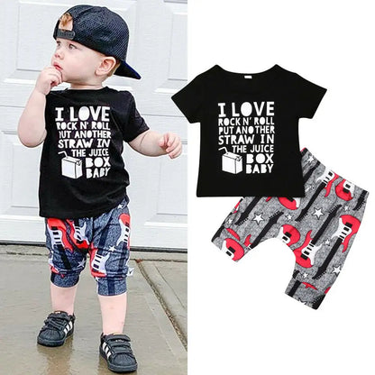 Toddler Guitar Print Outfit Set with Black Graphic T-Shirt and Matching Cropped Pants, Cotton Blend Summer Clothes for Boys and Girls, 18M-4T