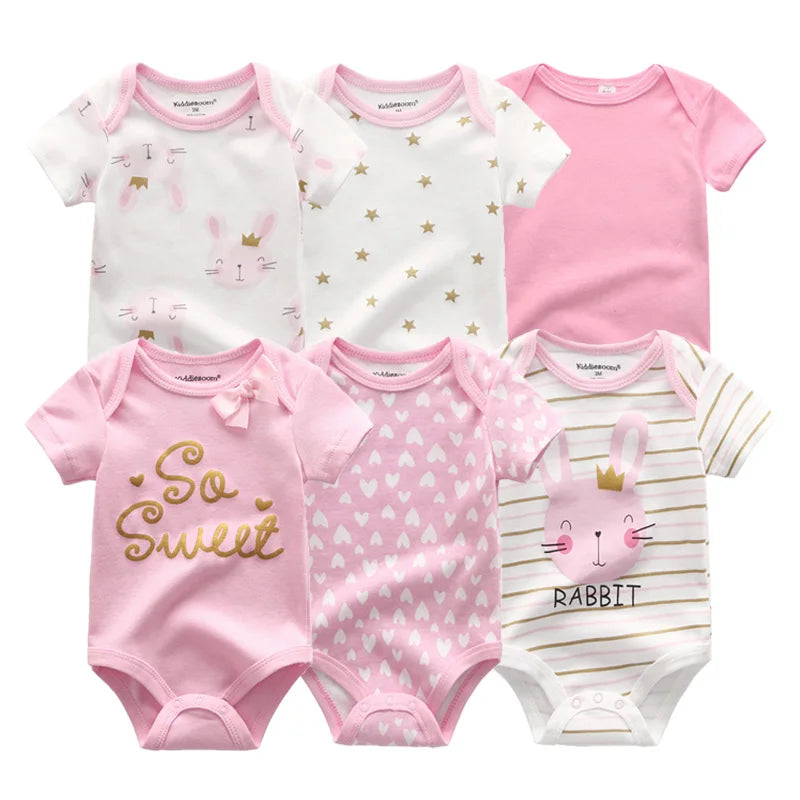 Baby Cotton Bodysuit Set, 6-Piece Short Sleeve Outfits with Envelope Shoulders and Snap Crotch for Boys and Girls, Sizes 3M-12M