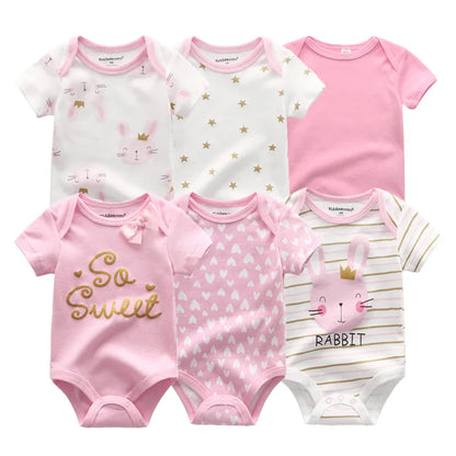 Baby Cotton Bodysuit Set, 6-Piece Short Sleeve Outfits with Envelope Shoulders and Snap Crotch for Boys and Girls, Sizes 3M-12M
