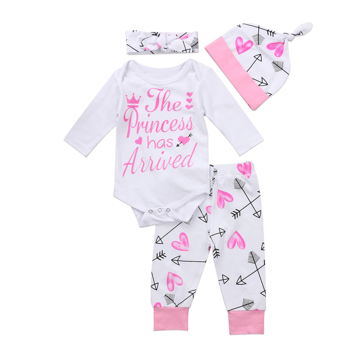Baby Girl Princess Outfit Set, 4-Piece Cotton Long Sleeve Bodysuit with Heart and Arrow Pants, Matching Hat and Bow Headband