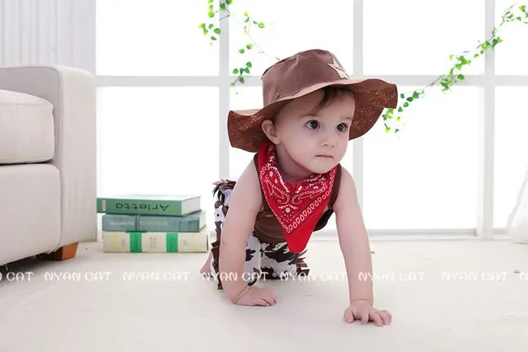 Cow Print Baby Cowboy Costume with Fringe Romper, Sheriff Hat and Red Bandana, Western Birthday Dress-Up Outfit with Sock Options