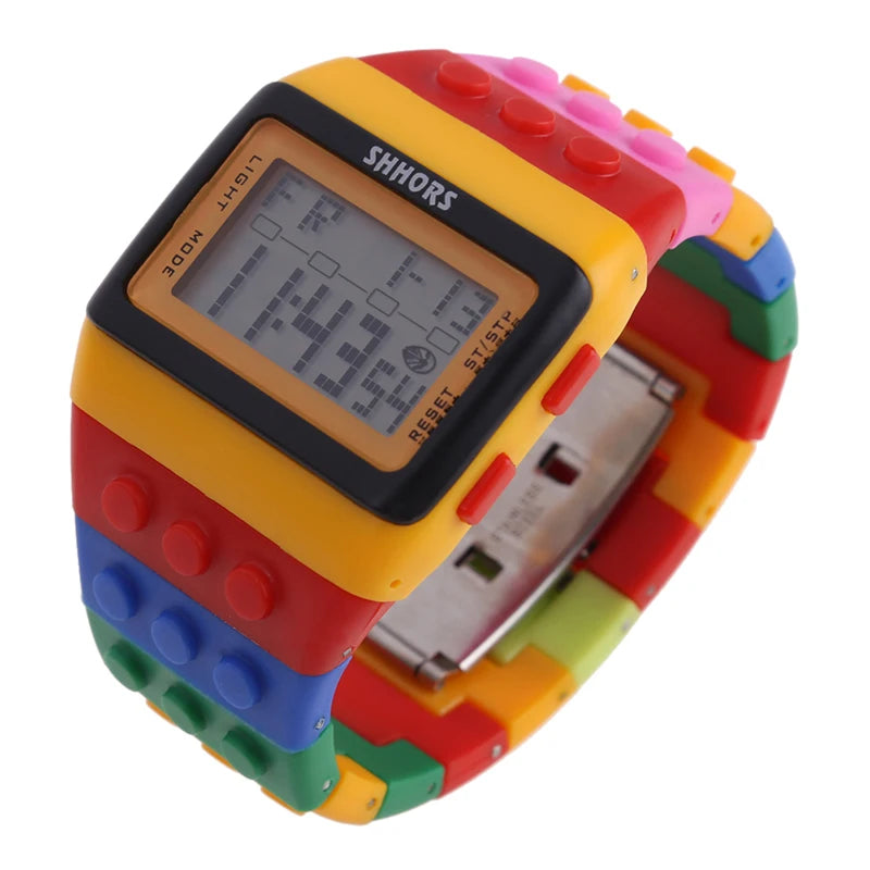 Colorful Link Digital Watch, Kids Block-Inspired Wristwatch with LED Backlight, Adjustable Plastic Band, Alarm, Calendar and Stopwatch for Daily Wear