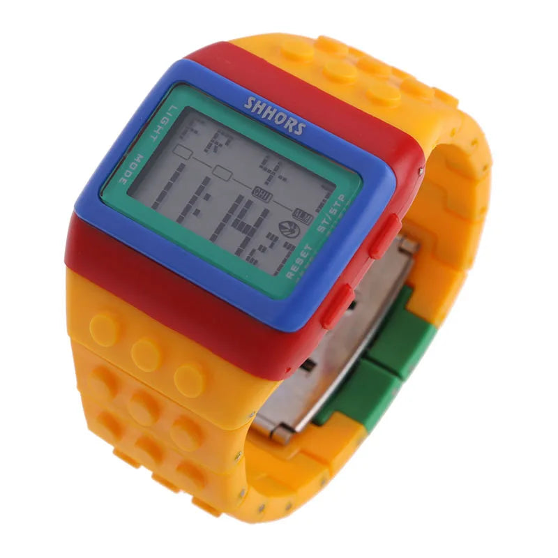 Colorful Link Digital Watch, Kids Block-Inspired Wristwatch with LED Backlight, Adjustable Plastic Band, Alarm, Calendar and Stopwatch for Daily Wear