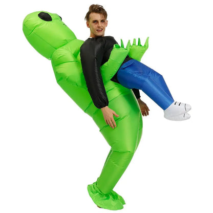 Alien Piggyback Inflatable Costume for Adults and Kids, Green Carrying Illusion Suit with Fan for Halloween, Cosplay and Stage Parties