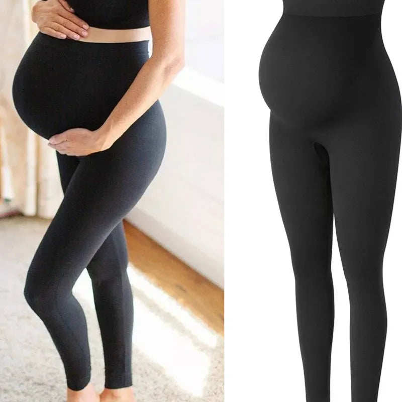 Stretch Maternity Leggings with High Waist Belly Panel, 90% Nylon and 10% Spandex Pregnancy Pants with Shorts and Thickened Style Options