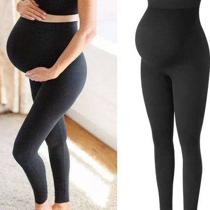 Stretch Maternity Leggings with High Waist Belly Panel, 90% Nylon and 10% Spandex Pregnancy Pants with Shorts and Thickened Style Options