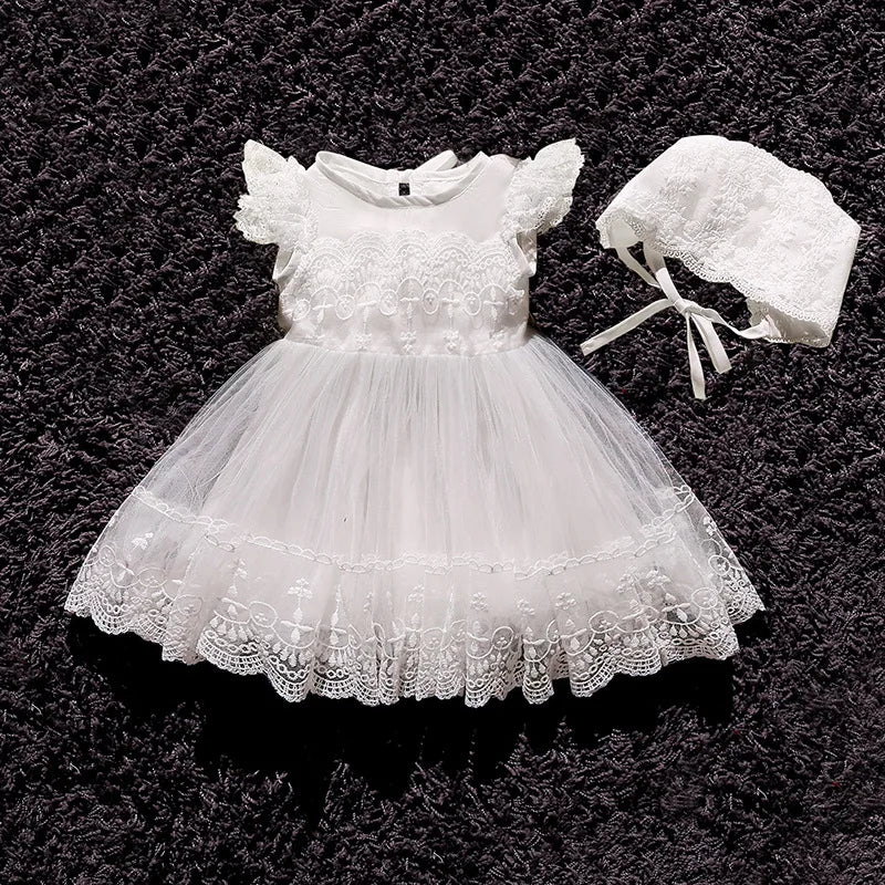 Baby Baptism Gown for Girls with Long Sleeves, Lace Details and Cotton Lining, Dress and Cap Set for Christening and First Birthday Photos