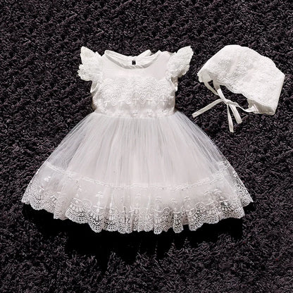 Baby Baptism Gown for Girls with Long Sleeves, Lace Details and Cotton Lining, Dress and Cap Set for Christening and First Birthday Photos